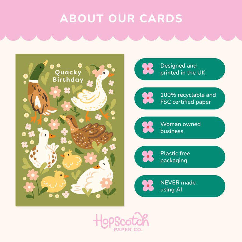 Information card showing a ‘Quacky Birthday’ duck illustration greeting card alongside text highlighting eco-friendly and ethical features: designed and printed in the UK, 100% recyclable FSC paper, woman-owned business, plastic-free packaging, and never made using AI.