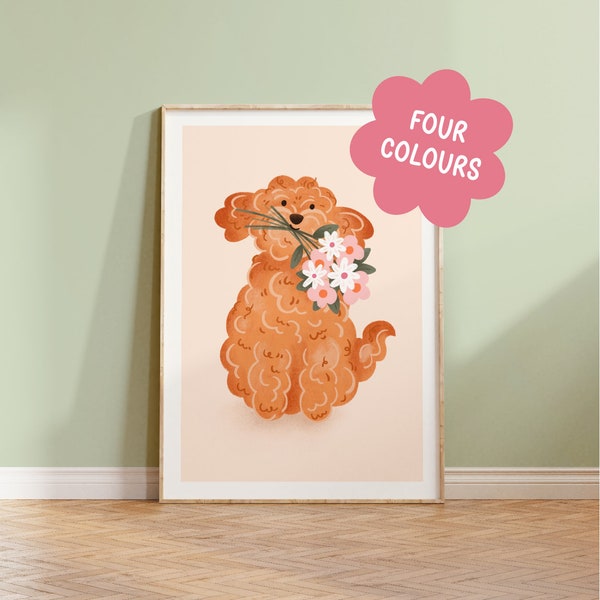 Fluffy Dog Flowers Illustrated Print | Personalised Poodle Cockapoo Labradoodle Cavapoo Print | Custom Colour & Name | Art For Dog Moms