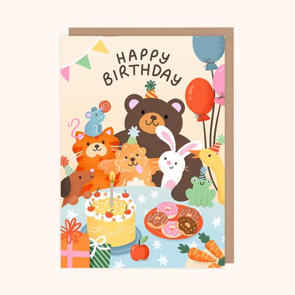 Cute Animals Party Cake Children's Birthday Card | Kids Party Card | Card for Boys | Card for Girls