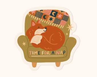 Sleepy Fox Vinyl Sticker – Cozy Cottagecore Nap Time Art (7.5cm)