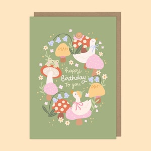 Spring Wildlife Birthday Card – Frogs, Ducks, Mushrooms & Flowers – Nature Lover Card