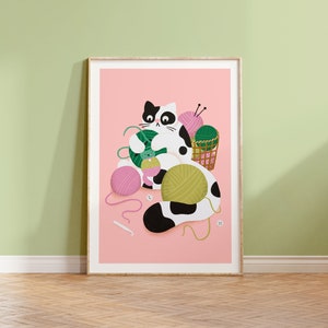 Crocheting Cat Print |  Wall Art | Crochet Cat Lover Illustration Decor