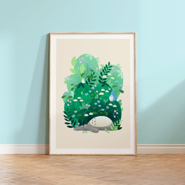 Sleepy My Neighbour Totoro Forest Spirit Print |  Studio Ghibli Anime Inspired Wall Art Poster | Illustration Home Decor | Totoro fan art