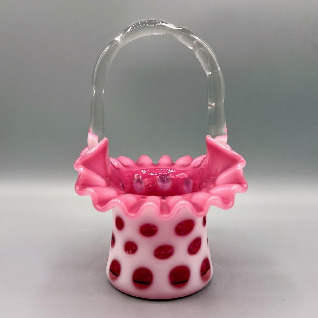 Fenton Cranberry Opalescent Coin Dot Glass Basket | Ruffled Edge ...