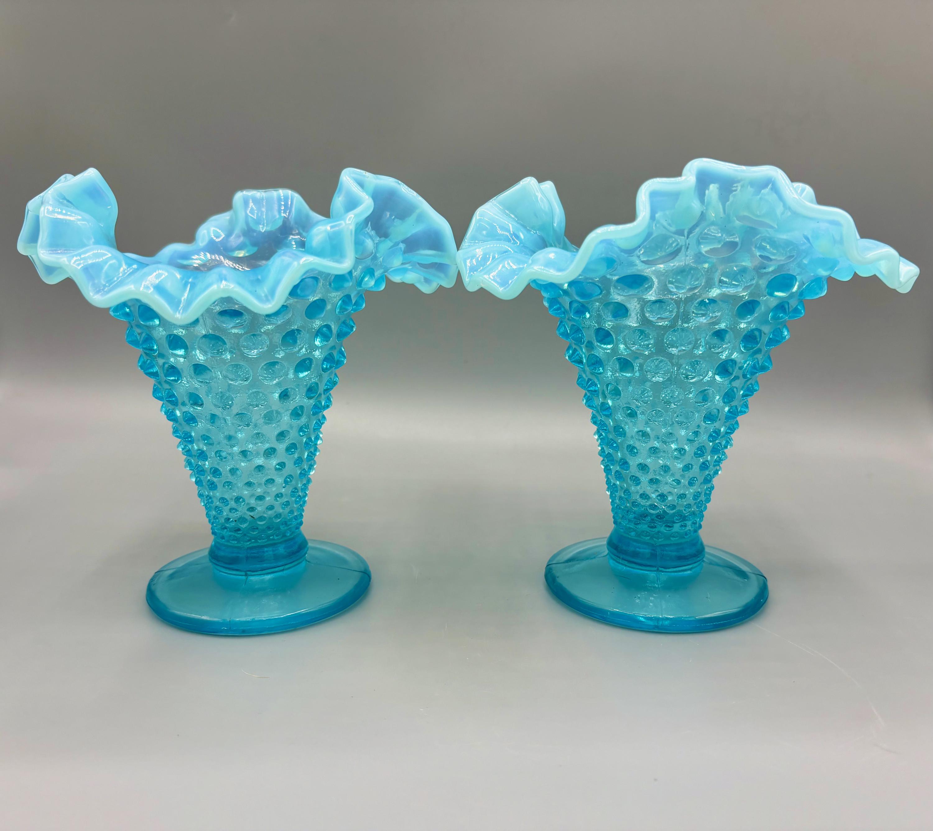 ヴィンテージ フェントン ブルー オパールセント ホブネイル花瓶 ペア