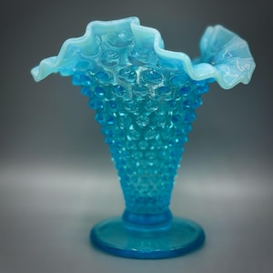Vintage Fenton Blue Opalescent Hobnail Vase – Ruffled Edge, 1939–1955