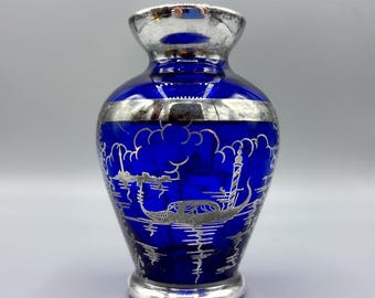 ヴィンテージ コバルトブルー ガラス デキャンタ：ムラーノ風シルバー