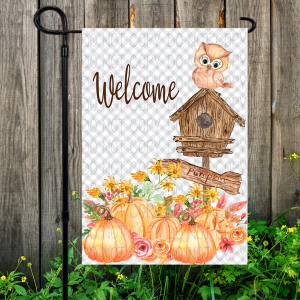 Watercolor Fall Pumpkin Garden Flag Design, Sublimation File, Pumpkin, Owl, Birdhouse Decoupage Design, Welcome Garden Flag, Fall Crafts