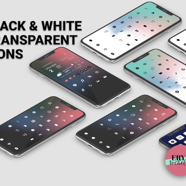 Icônes d'application en noir et blanc Couvertures d'application esthétiques Icônes transparentes de l'écran d'accueil iOS 17 et Dock avec fond d'écran iPhone