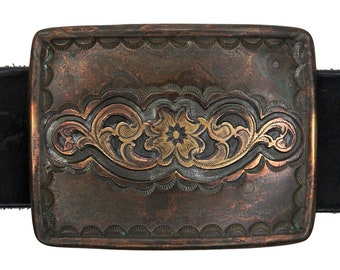 Old Brass Belt Buckle with Floral Design Vintage Brass Flower Buckle