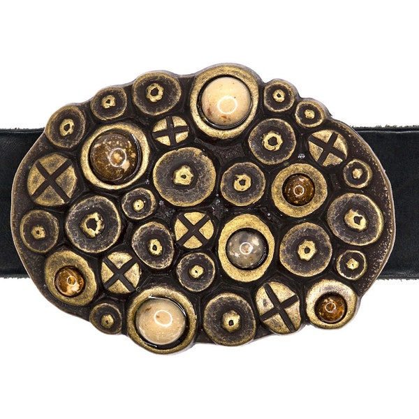 Vintage Plated Brass Belt Buckle Made in Italy: Creatively Designed with Polished Stones