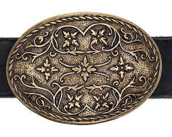 Made in USA: Vintage Brass Plated Belt Buckle with Intricate Flower Design