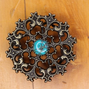 vintage buckle with real turquoise cabochon in old brass