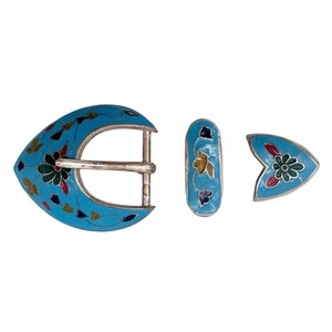 Western Enamel Vintage Belt Buckle Set with Floral Design