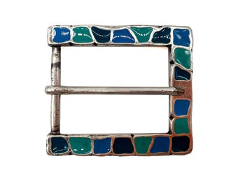 Old Silver Rectangular Belt Buckle with multicolor Enamel