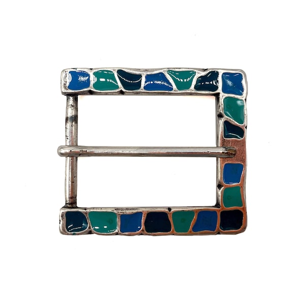 Old Silver Rectangular Belt Buckle with multicolor Enamel