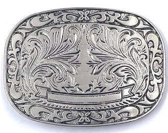 Old Silver Rectangular Western Style Belt Buckle With Art  display picture 1