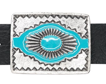 Old Silver Buckle with a Sun Patterned Turquoise Enamel