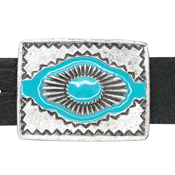 Old Silver Buckle with a Sun Patterned Turquoise Enamel