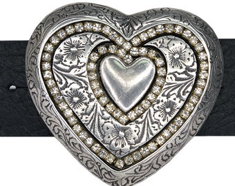 Heart Shaped Buckle made of Old Silver with Crystal Rhinestones and Floral Engravings