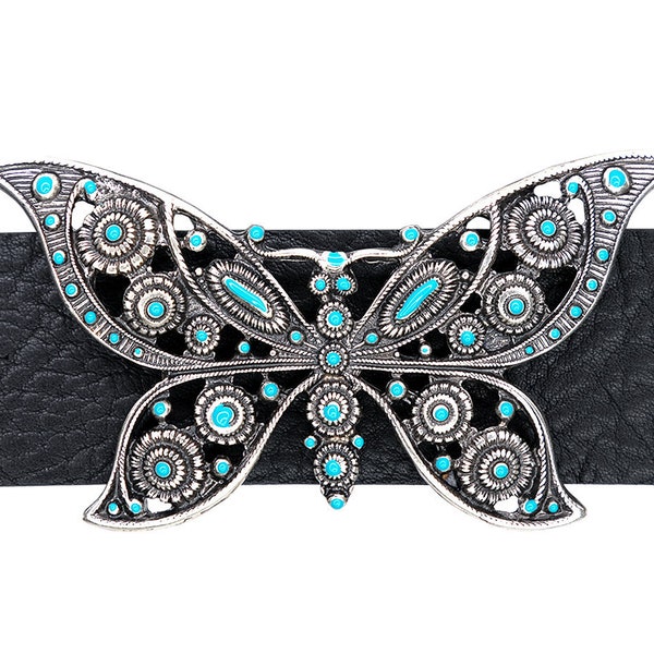 Butterfly Belt Buckle with Turquoise enamel, Old Silver Butterfly Belt Buckle Turquoise