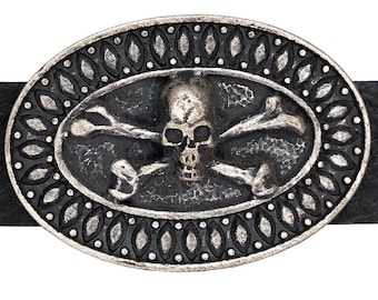 May include: A silver-toned belt buckle with a skull and crossbones design. The buckle is oval-shaped and has a black leather background.