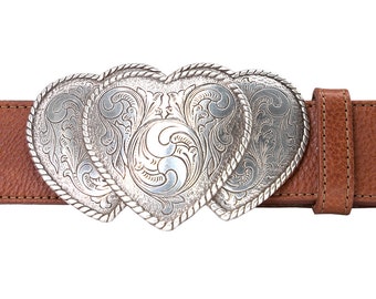 Engraved Triple Hearts Gold Sterling Silver Plated Ladies/' Western Belt Buckle