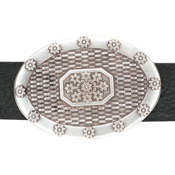 Old Silver Oval Buckle with Floral Design - image 1