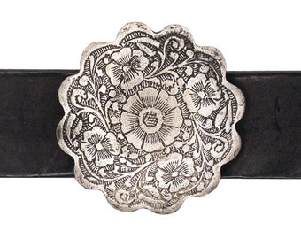 Boucle de ceinture en argent antique fabriquée aux États-Unis : motif floral et sculptures complexes