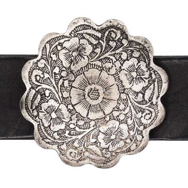 Antique Silver Belt Buckle Made in USA: Floral Design with Intricate Carvings