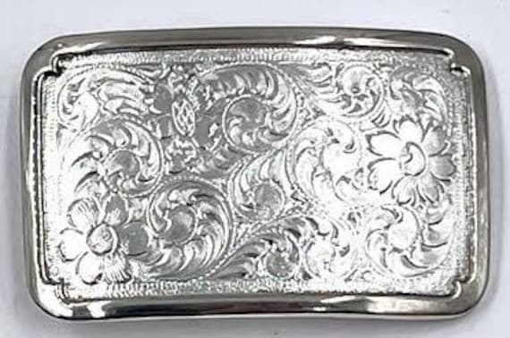 Rectangular Polished silver belt buckle with fram… - image 1