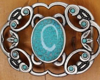 Vieille boucle en argent gravée avec pierres de verre à matrice turquoise et design floral