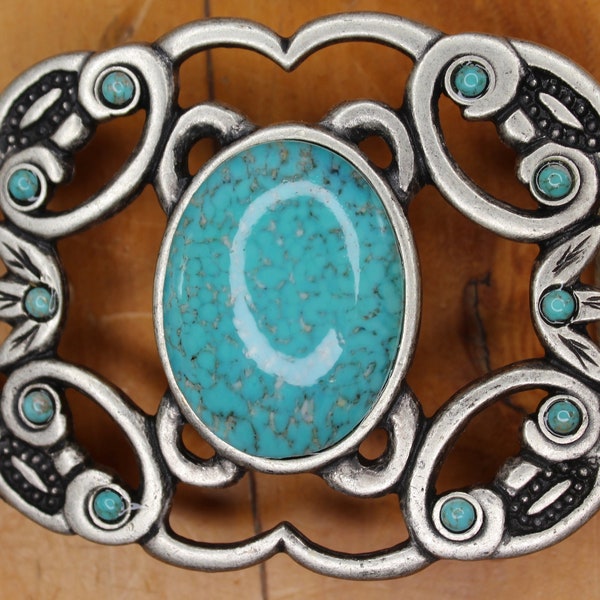 Engraved Old Silver Buckle with Turquoise matrix glass stones and Floral Design