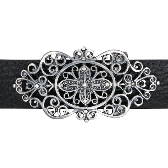 Floral Filigree Belt Buckle Made of Pewter With Rhinestones  display picture 1