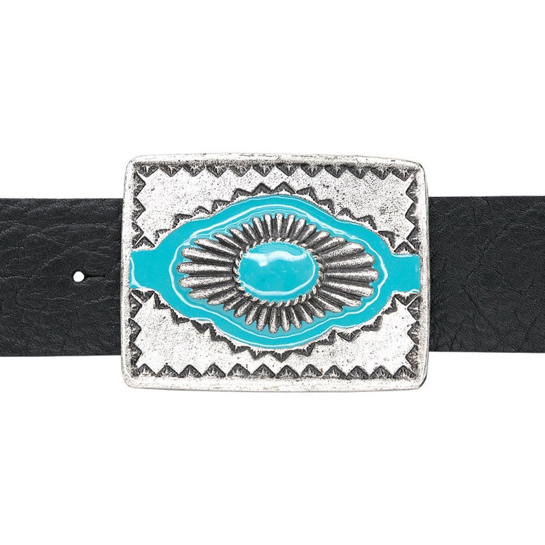 Old Silver Buckle with a Sun Patterned Turquoise Enamel image 1