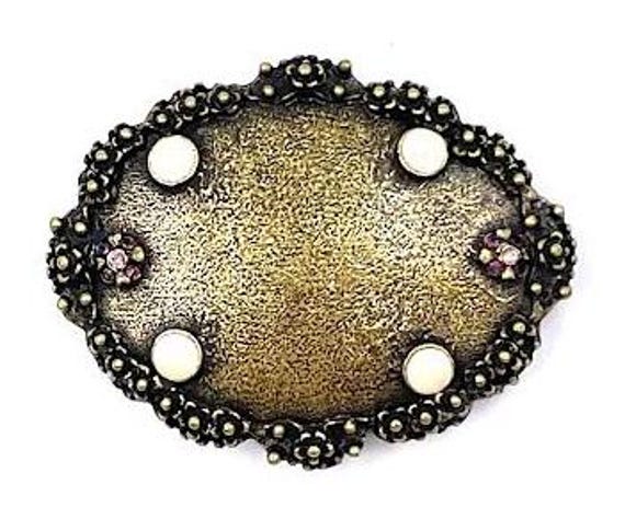 Vintage Brass & Guilloche Enamel Belt Buckle with Floral Design Black & Gold Acc Vintage Brass Belt Buckle: Intricately Carved and Designed  main image 4