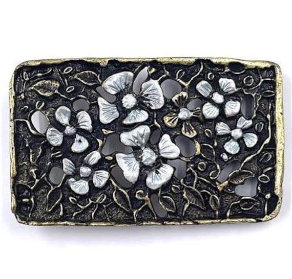 US Made Old Brass Floral Style Belt Buckle With Painted  display picture 3