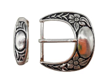 Hebilla antigua de plata estilo western con grabados florales