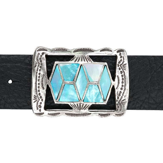 Old Silver Belt Buckle With Two Tones Turquoise Resin - Etsy display picture 1