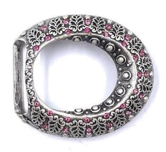 Oval Floral Old Silver Belt Buckle With Pink Rhinestone  display picture 2
