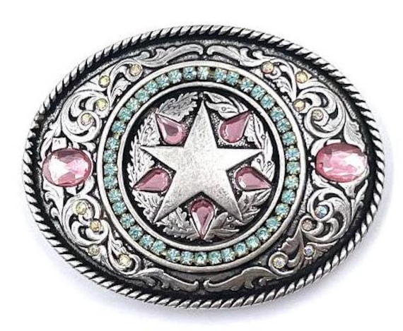Oval Silver Belt Buckle With Multicolor Rhinestone Inserts  display picture 3
