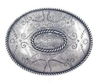 Oval Old Silver Belt Buckle with Art Deco Zigzag and rope patterns