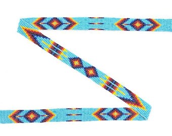 May include: A turquoise beaded belt with a geometric pattern in shades of red, orange, yellow, blue, and black.