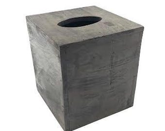 May include: A square gray wooden tissue box cover with a rectangular opening for tissues.