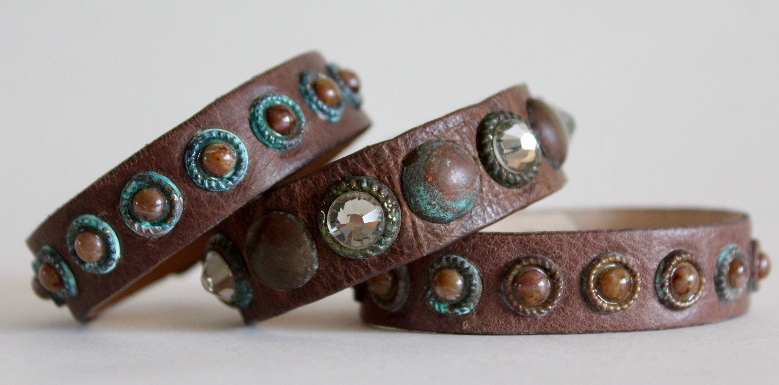 Brown Italian leather bracelet with studs 3 piece bundle Etsy