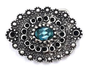 Italian Old Silver Belt buckle with Blue Glass stone with spots for rhinestones