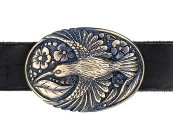 Italian Vintage Belt Buckle: Old Brass Belt Buckle With Flying Bird and Detailed Floral Design