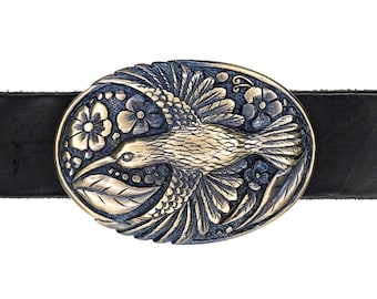 Italian Vintage Belt Buckle: Old Brass Belt Buckle With Flying Bird and Detailed Floral Design