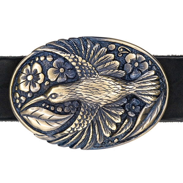 Italian Vintage Belt Buckle: Old Brass Belt Buckle With Flying Bird and Detailed Floral Design