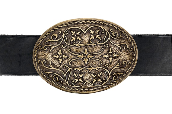 Vintage Brass Floral Belt Rhinestone Crystal Oval Belt Buckle Antique Brass Full Grain  main image 4